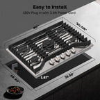 Heavy 30 Inch Gas Cooktop 5 Sabaf Burners 304 Stainless Steel Built In NG LPG Convertible Thermocouple