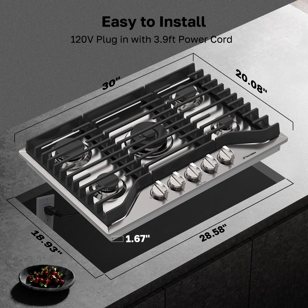 Heavy 30 Inch Gas Cooktop 5 Sabaf Burners 304 Stainless Steel Built In NG LPG Convertible Thermocouple