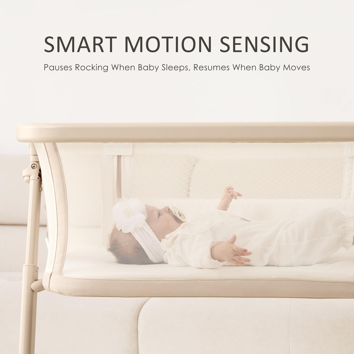 Electric Baby Bassinet Auto Rocking Bedside Sleeper 6 Heights Mattress Remote Control 5 Speeds 3 Timers Beige