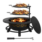 35 inch wood burning BBQ fire pit with 2 cooking grates charcoal pan cover lid round table for patio bonfire
