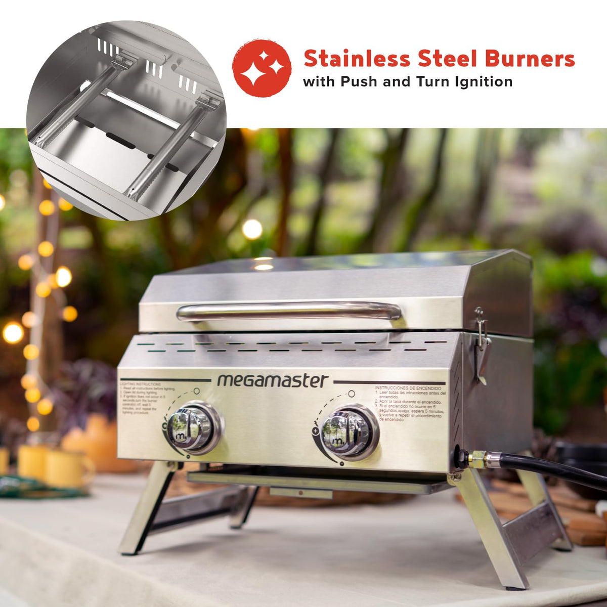 Portable tabletop 2 burner gas grill stainless steel barbecue with foldable legs for outdoor camping