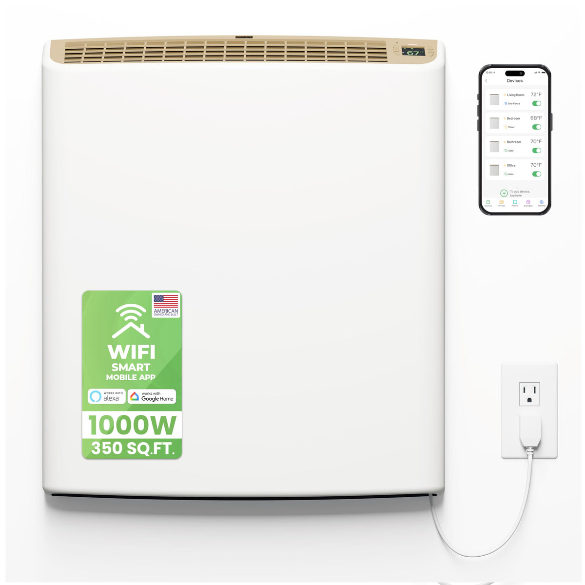 1000W Wi Fi Plug In Electric Wall Heater Energy Efficient Large Room App Control Thermal Shut Off