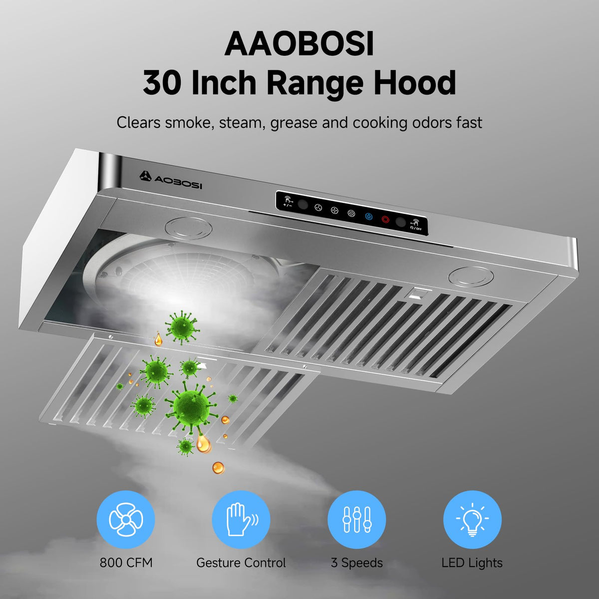 30 Inch Under Cabinet Range Hood Stainless Steel Kitchen Vent Hood Exhaust Fan for Home Kitchen