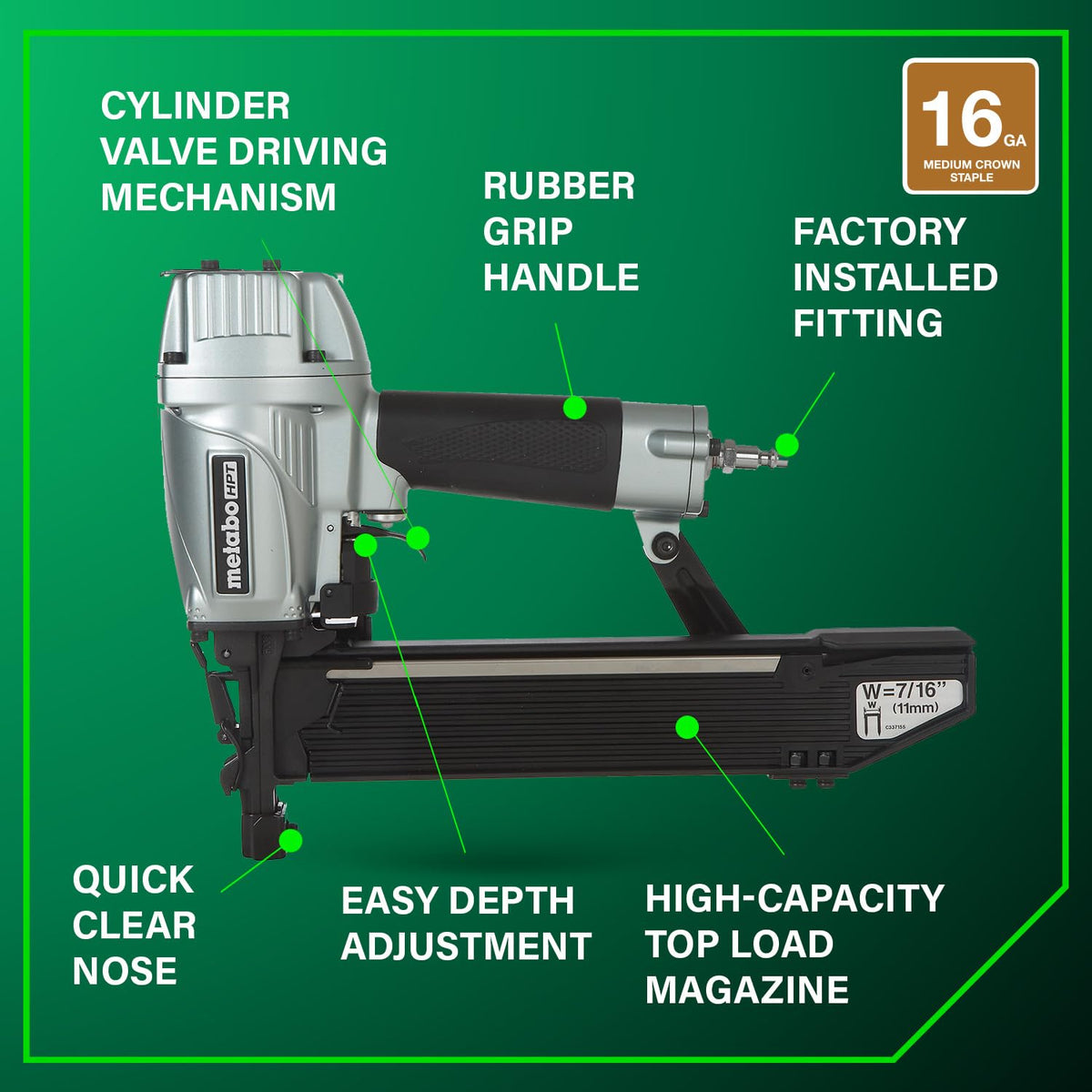 7/16 in 16 Gauge Pneumatic Standard Crown Stapler Air Powered Professional Grade Tool N5008AC2
