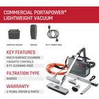Commercial PortaPower Lightweight Canister Vacuum Cleaner for Home Office Car Detailing and Pet Hair
