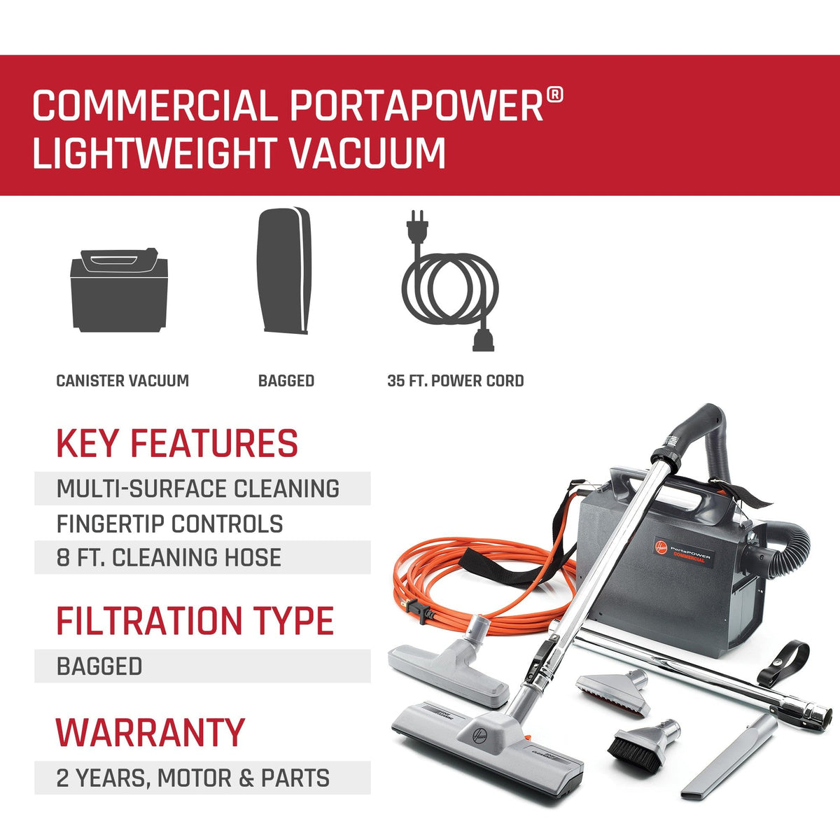 Commercial PortaPower Lightweight Canister Vacuum Cleaner for Home Office Car Detailing and Pet Hair