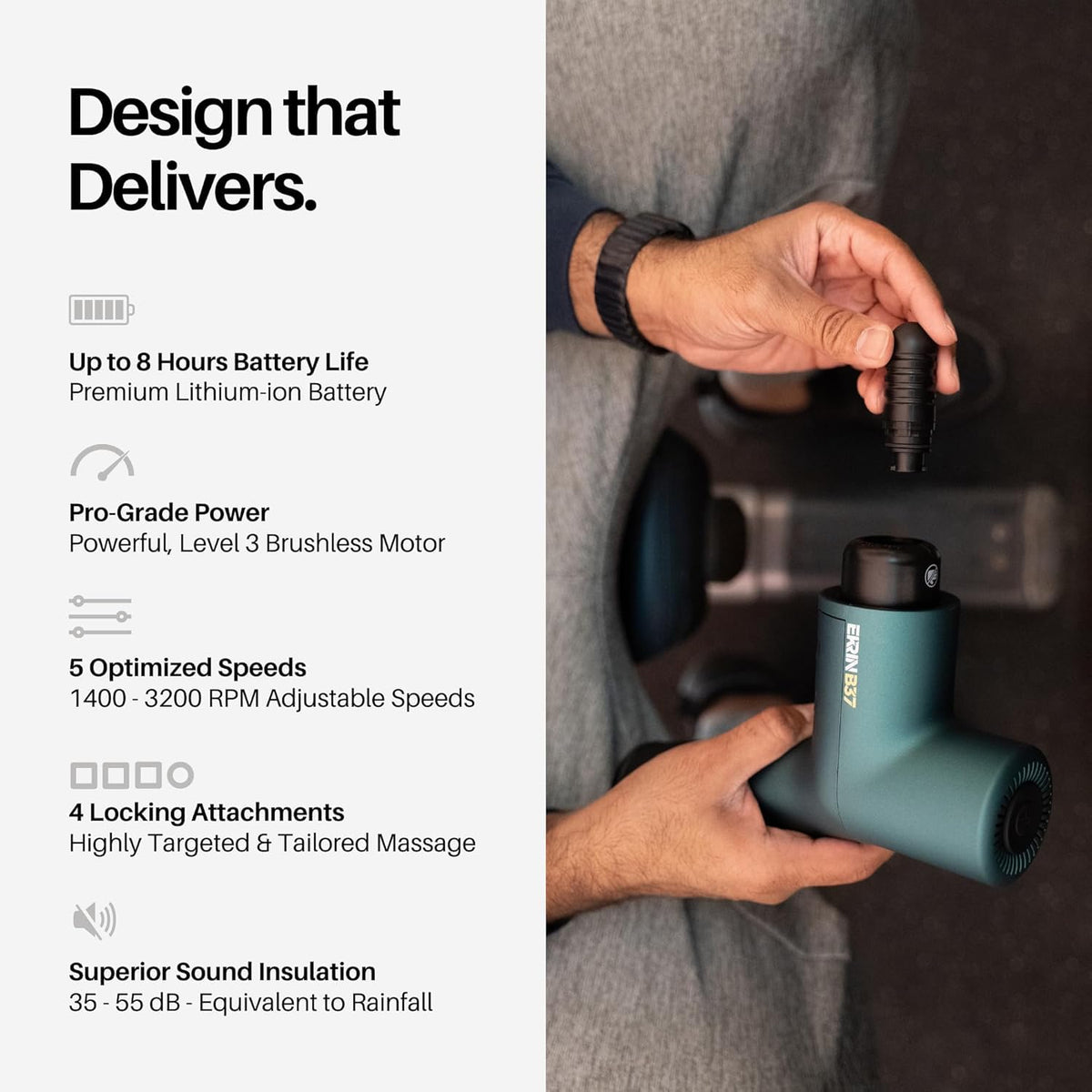 Handheld Deep Tissue Massage Gun, 5 Speeds, 4 Attachments, B37v2