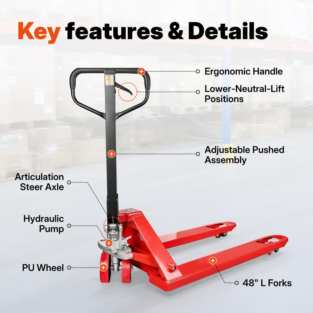 Manual Pallet Jack with 48 x 27 Inch Forks, 5,500 lb Capacity, PU Wheels