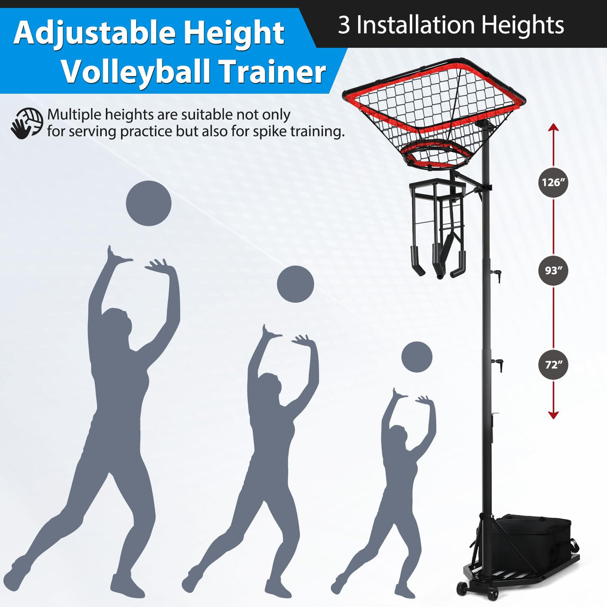Volleyball Setter Spike Trainer Adjustable Height 93 to 126 Solo Practice Indoor Outdoor 88LBS Sandbag Base