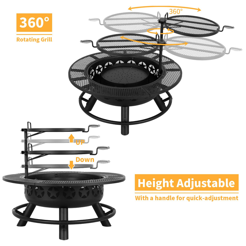 35 inch wood burning BBQ fire pit with 2 cooking grates charcoal pan cover lid round table for patio bonfire