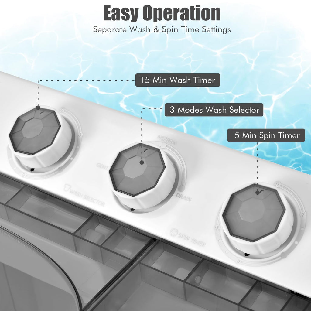 Portable Twin Tub Washing Machine 26lbs 18lbs Washer 8lbs Spinner Timer Knobs Drain Pump Compact Grey White