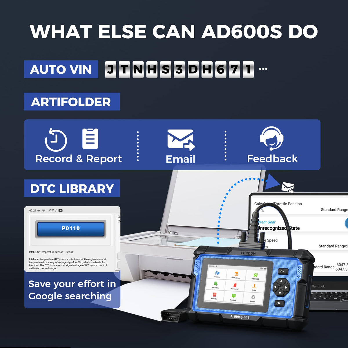 AD600S OBD2 Scanner Engine ABS SRS Transmission Diagnostic Tool Code Reader for Car Auto Vehicle