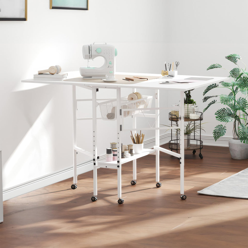 Folding adjustable height sewing craft table with drawers white home hobby workstation desk
