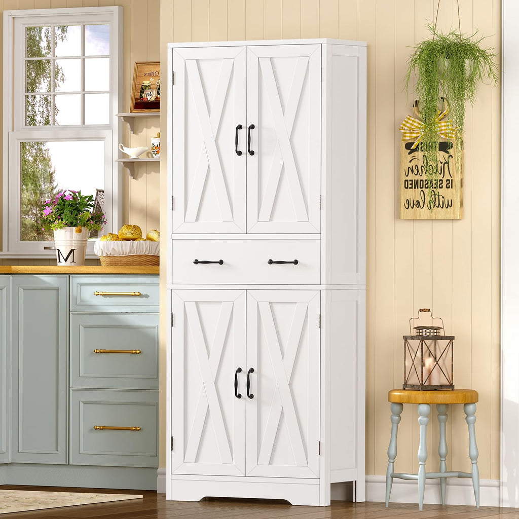 Storage Cabinet Pantry with 2 Adjustable Shelves Large Drawer 4 Doors Bathroom Kitchen Living Room White
