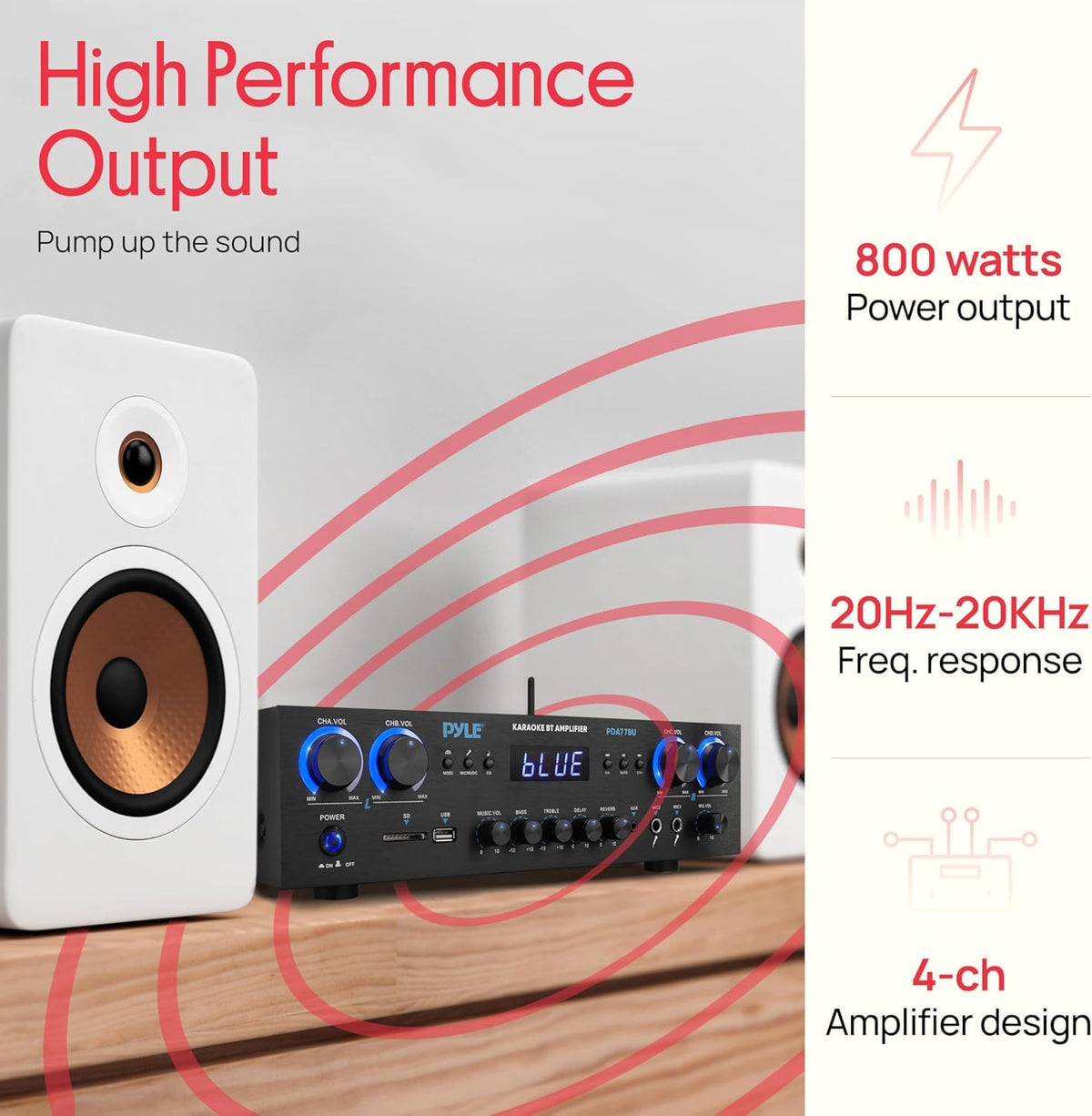 Bluetooth Home Stereo Receiver 4 Channel 800W Amplifier USB MP3 Karaoke Mic Vol Reverb Delay RCA SD FM PDA77BU