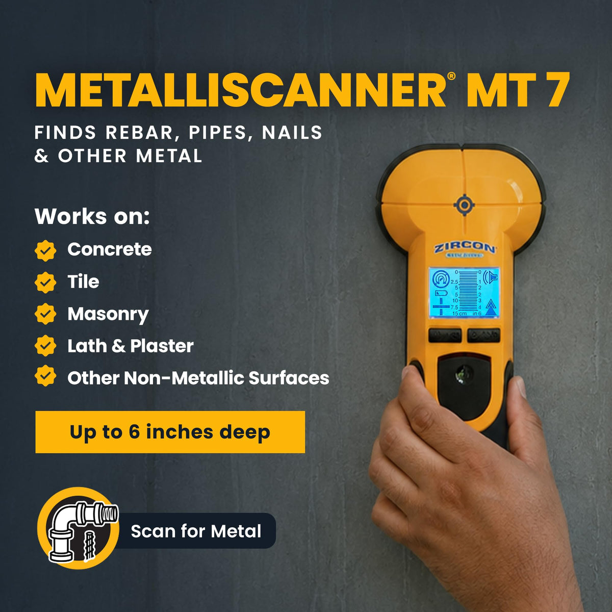 MT7 Metal Scanner for Concrete and Walls 6 in Detection Depth Rebar Pipe and Stud Locator Tool