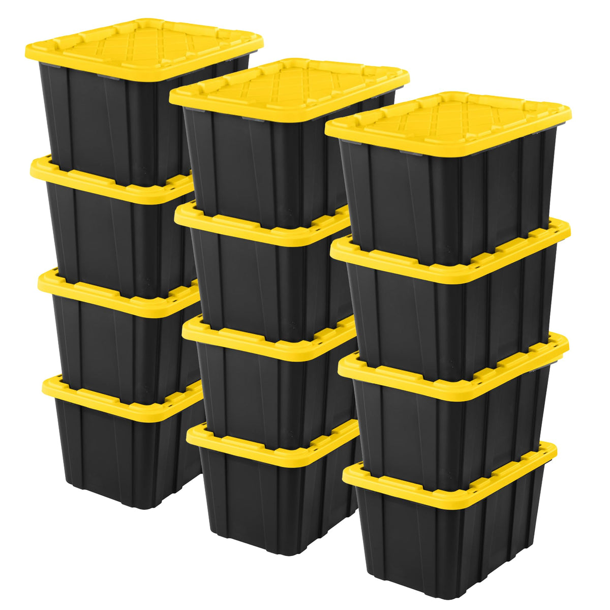 Industrial storage tote with lids for garage 27 gallon 12 pack stackable plastic storage bin