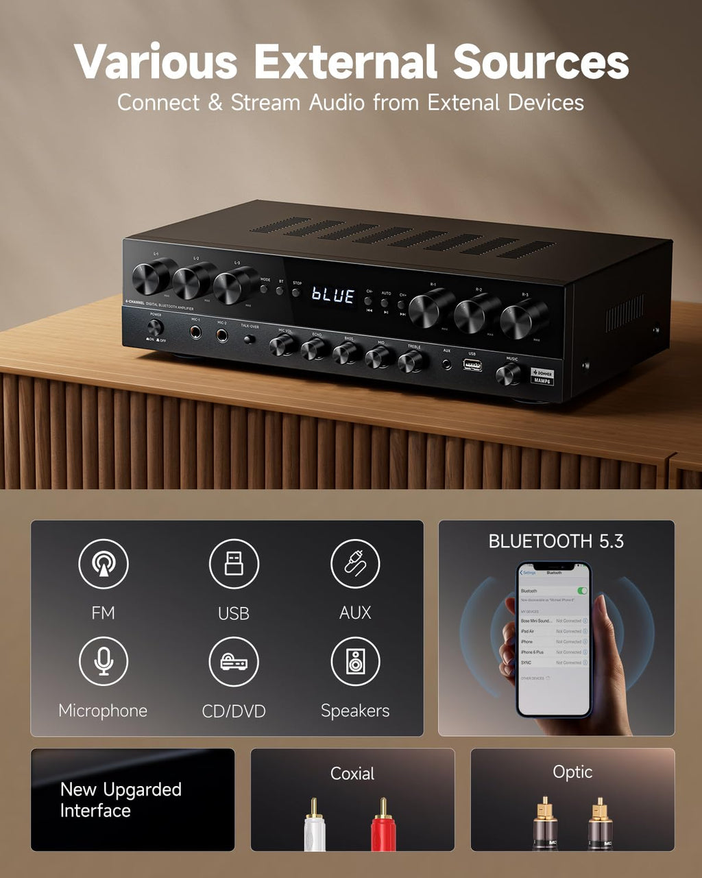 1000W 6 channel stereo receiver amplifier Bluetooth 5.3 USB FM 2 mic echo RCA optical coaxial MAMP6 karaoke