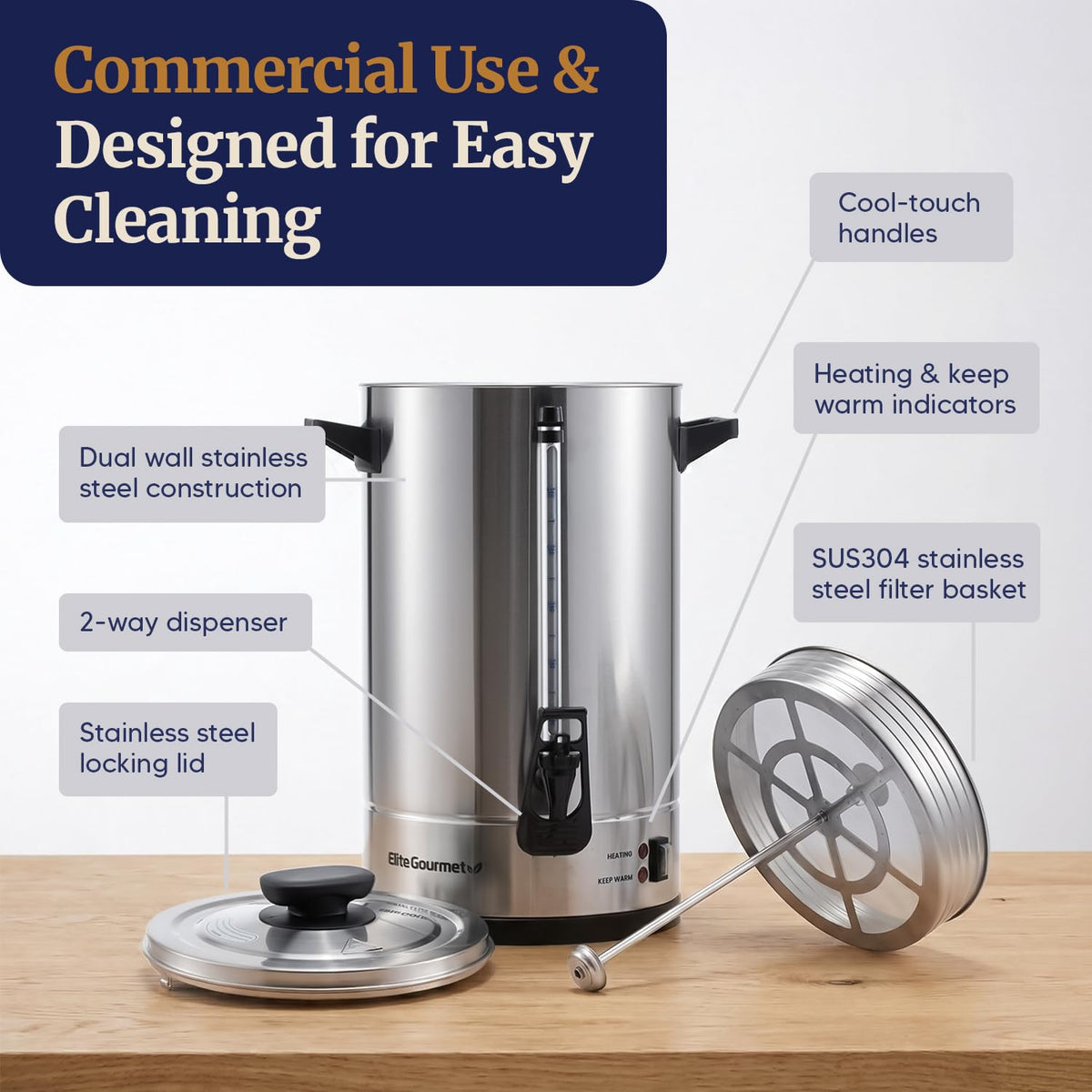 100 Cup Commercial Coffee Urn and Hot Water Boiler Dual Wall Large Capacity for Catering and Events