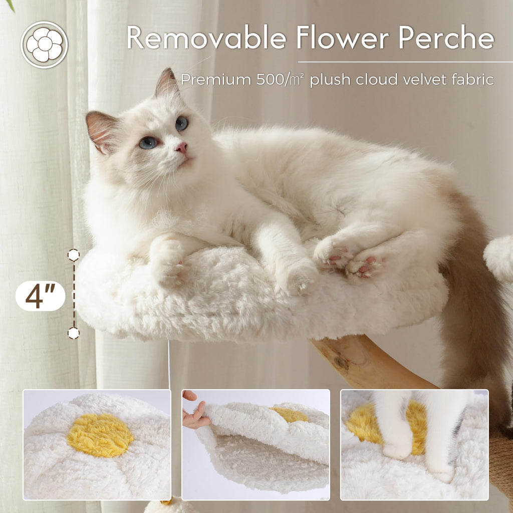 Modern Cat Tree with Hammock 48.5 Inches Cat Tower Real Wood Scratching Post Rattan Basket Perch Condo Beige