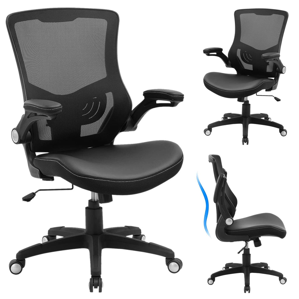 Ergonomic Office Chair PU Leather Mesh Back Lumbar Support Flip Up Arms Swivel Executive Desk Chair