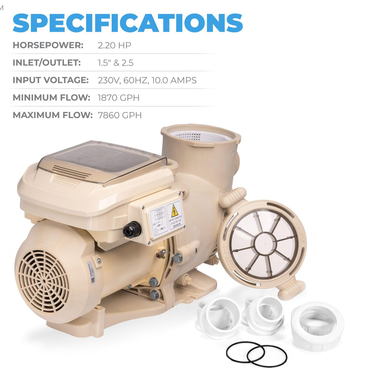 SuperFlow variable speed high flo pool pump inground 230V 1.5 and 2 inch adapter built in timer 2.2 horsepower