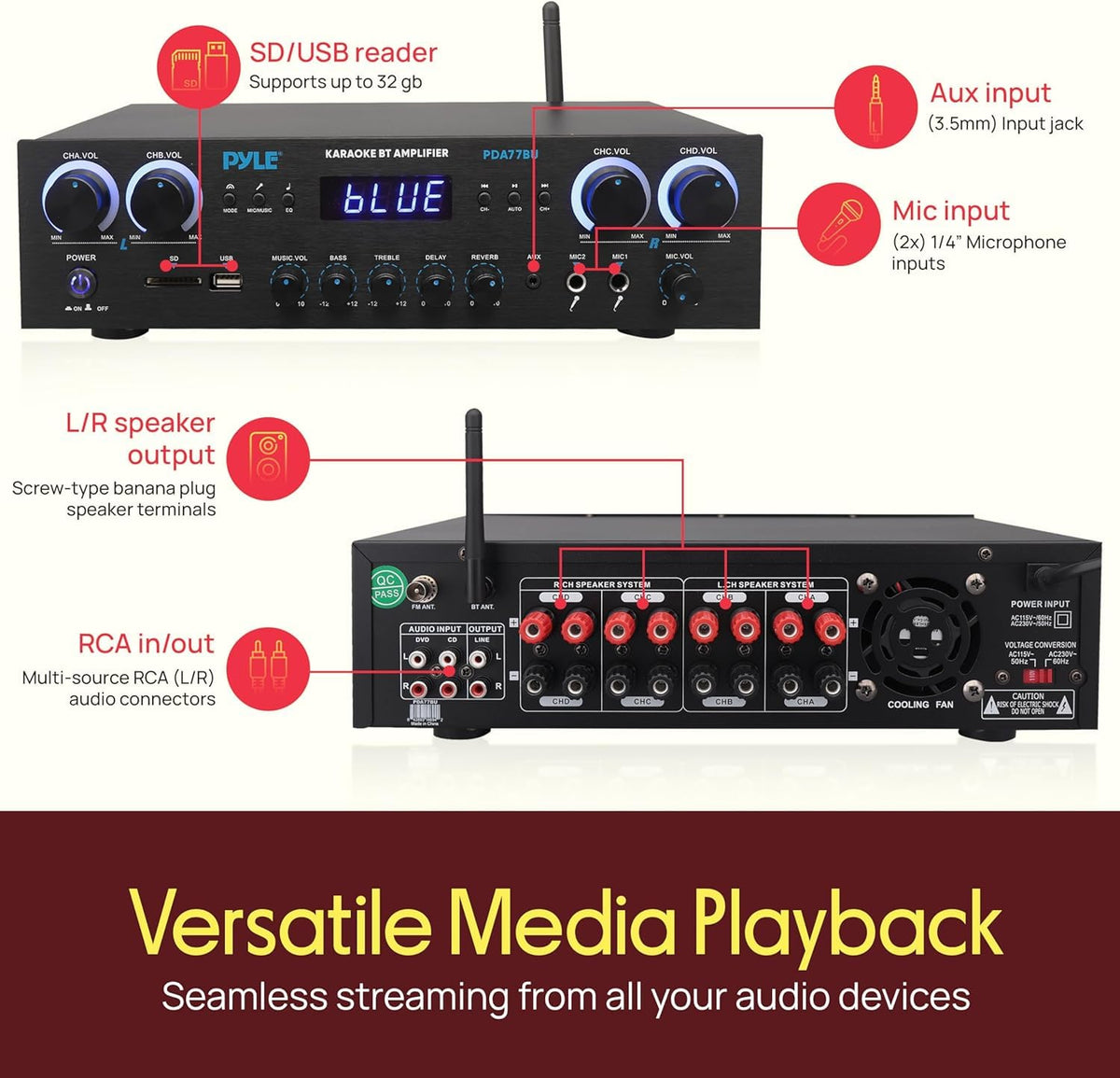 Bluetooth Home Stereo Receiver 4 Channel 800W Amplifier USB MP3 Karaoke Mic Vol Reverb Delay RCA SD FM PDA77BU
