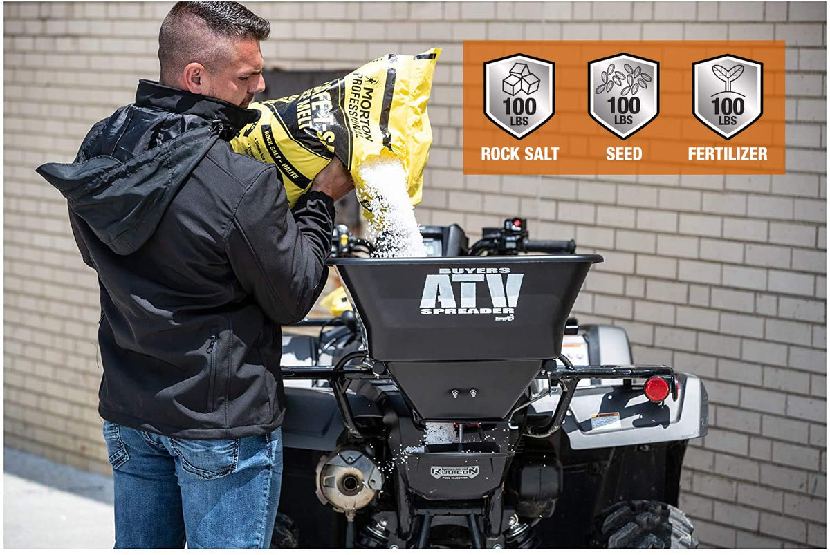 ATVS100 100 lb ATV rear rack mount broadcast spreader for efficient seed and fertilizer spreading
