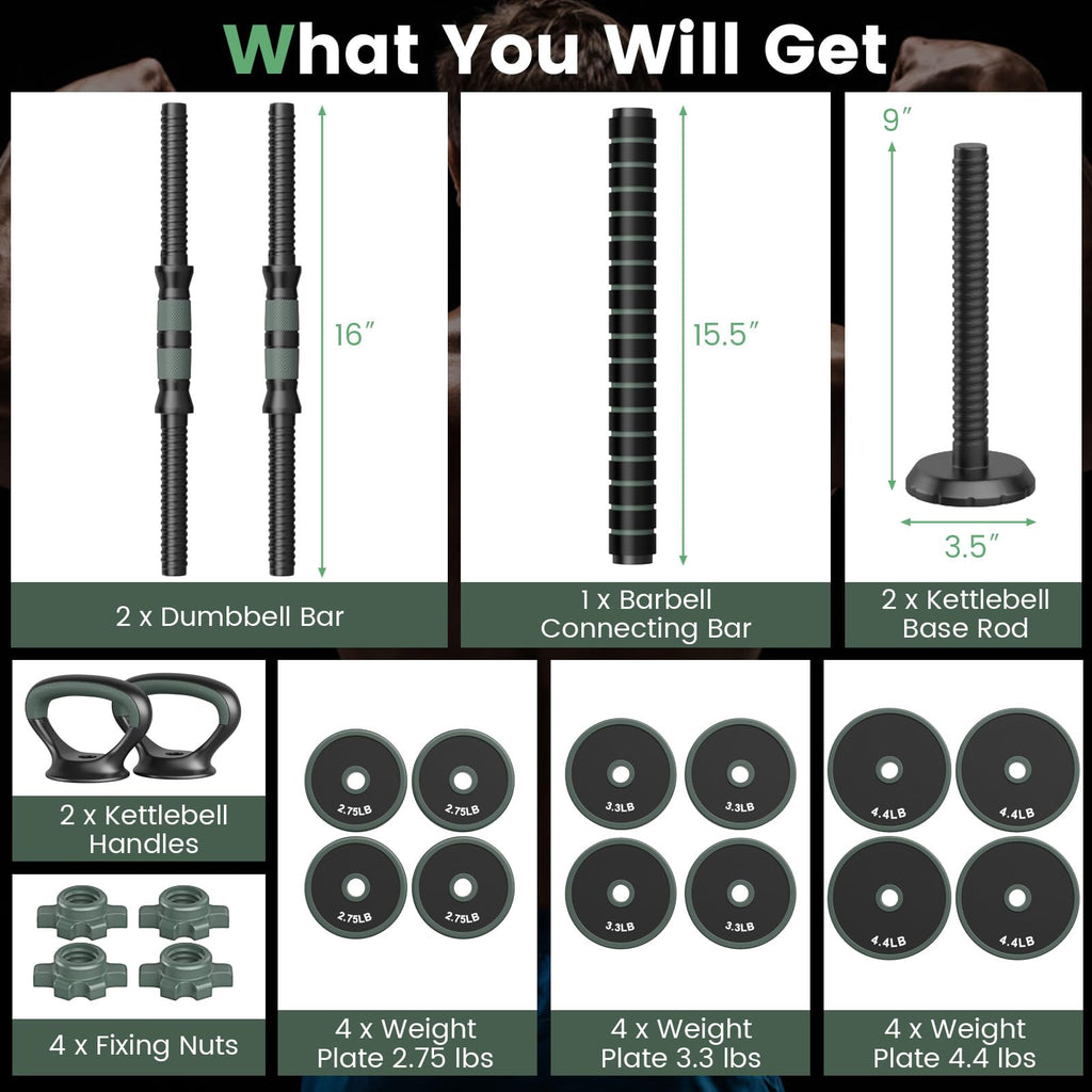 Adjustable dumbbell set 4 in 1 with connector 92 lbs 47 lbs dumbbells barbells kettlebells push up stands