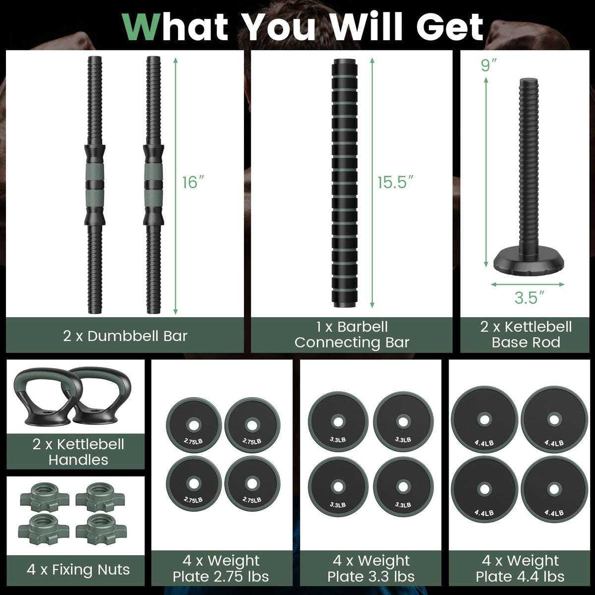 Adjustable dumbbell set 4 in 1 with connector 92 lbs 47 lbs dumbbells barbells kettlebells push up stands