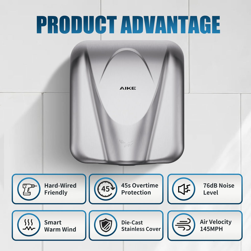 Elephant Power Electric Heavy Duty Hand Dryer for Commercial Bathroom Brushed Stainless Steel Model AK2812