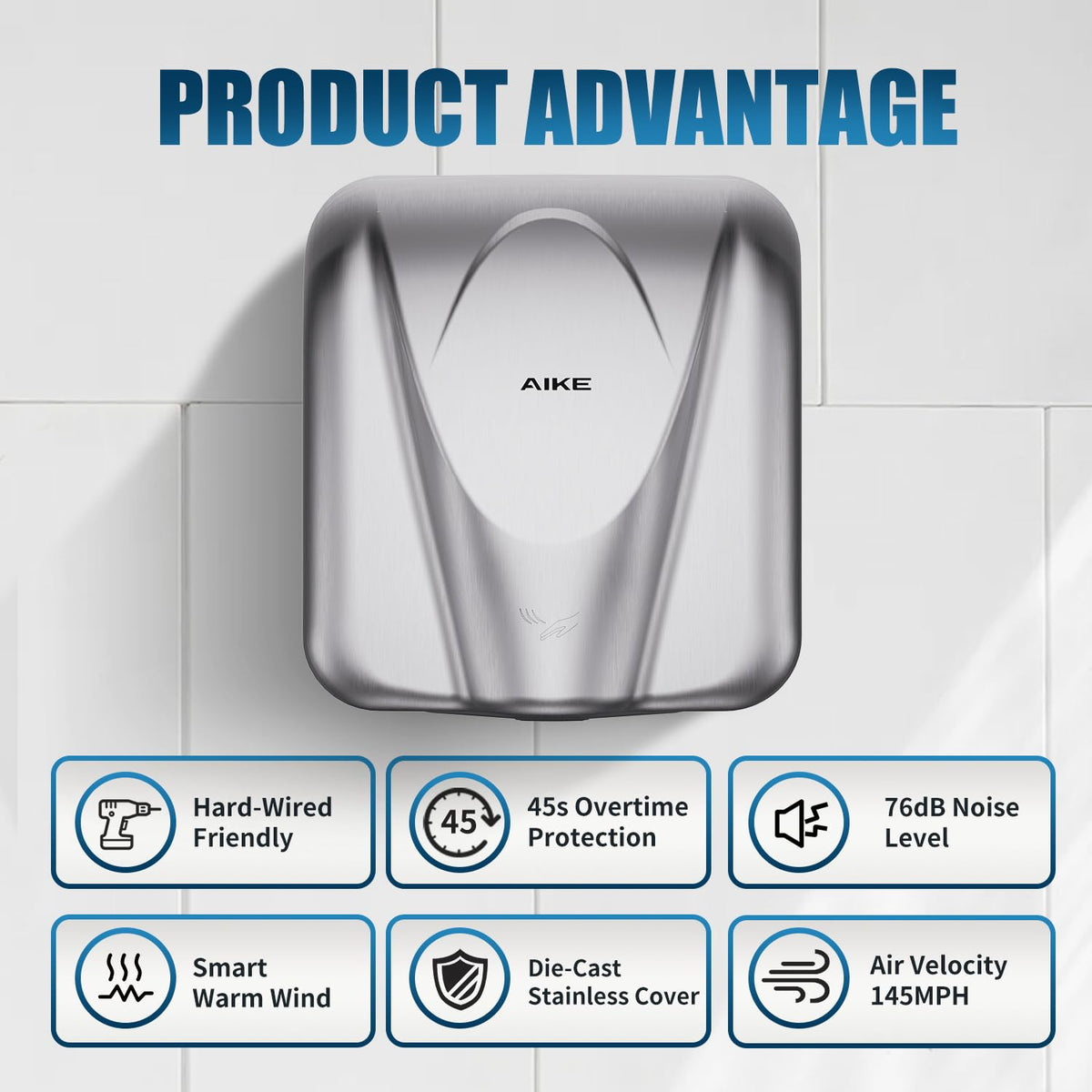 Elephant Power Electric Heavy Duty Hand Dryer for Commercial Bathroom Brushed Stainless Steel Model AK2812