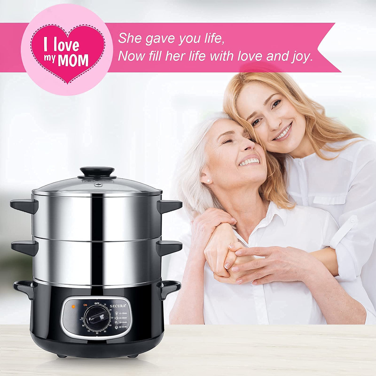 Stainless Steel Electric Food Steamer 8.5 Qt Glass Lid Double Tiered Stackable Baskets with Timer Model 2