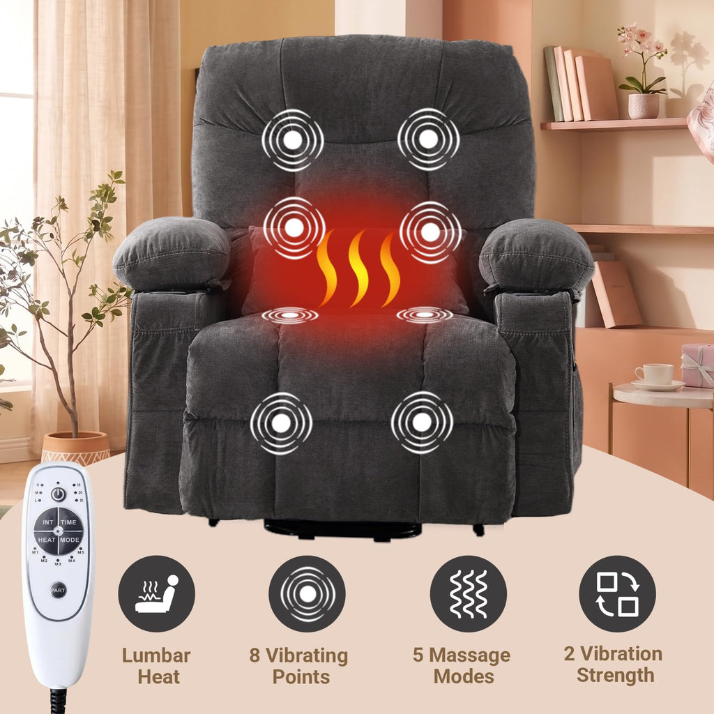 Power lift recliner chair for elderly with lumbar heat and massage grey fabric electric stand up assistance