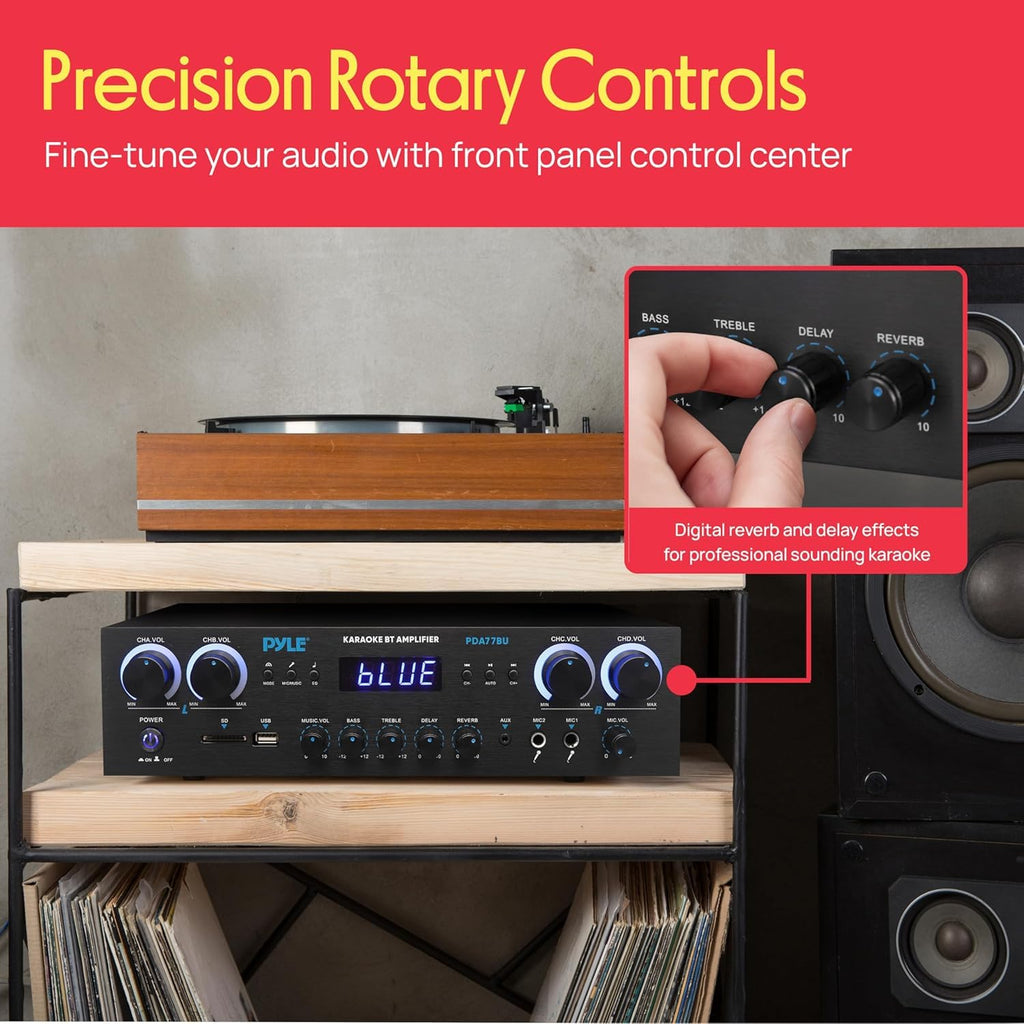 Bluetooth Home Stereo Receiver 4 Channel 800W Amplifier USB MP3 Karaoke Mic Vol Reverb Delay RCA SD FM PDA77BU