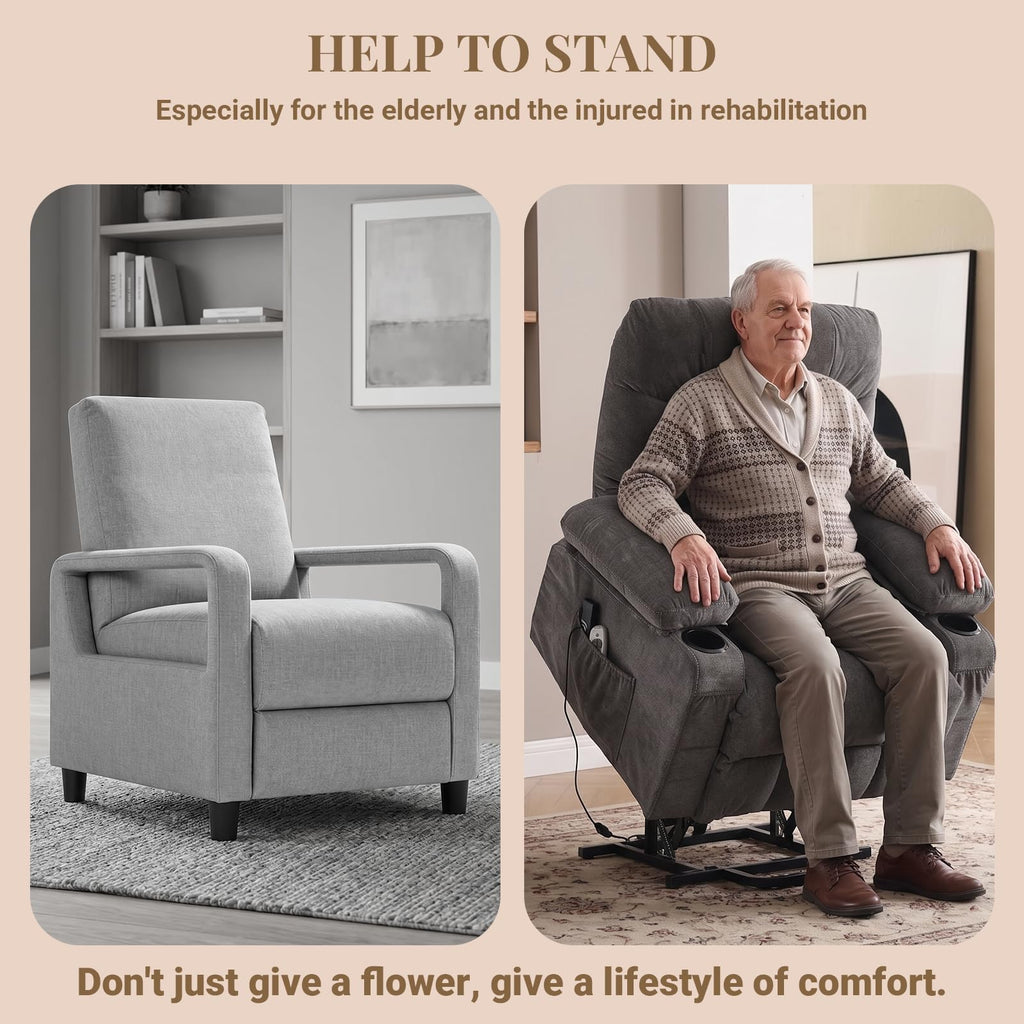 Power lift recliner chair for elderly with lumbar heat and massage grey fabric electric stand up assistance