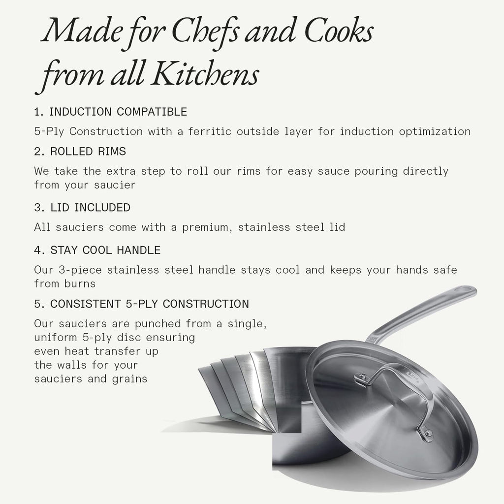 3 Quart Stainless Steel Saucier Pan 5 Ply Stainless Clad Cookware Induction Compatible