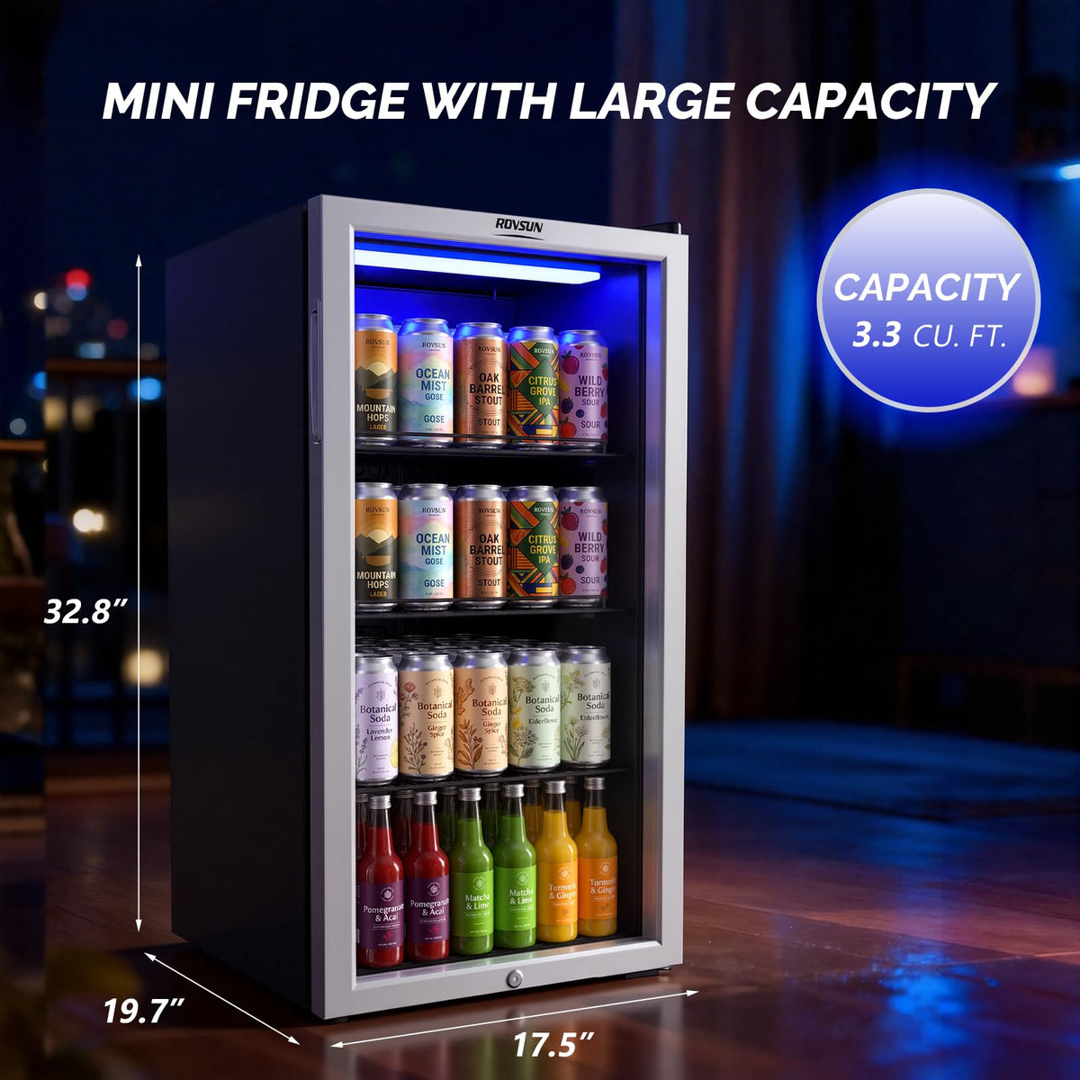 3.3 cu ft beverage refrigerator cooler double glass door adjustable shelf with lock 32 to 50 Fahrenheit black