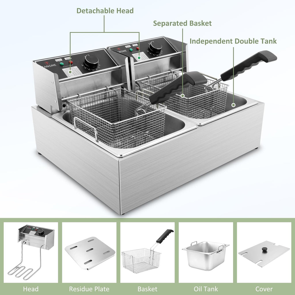 Commercial Deep Fryer 3400W Electric Fryer with 2x6.35QT Baskets Dual Basket for Restaurant Kitchen Use