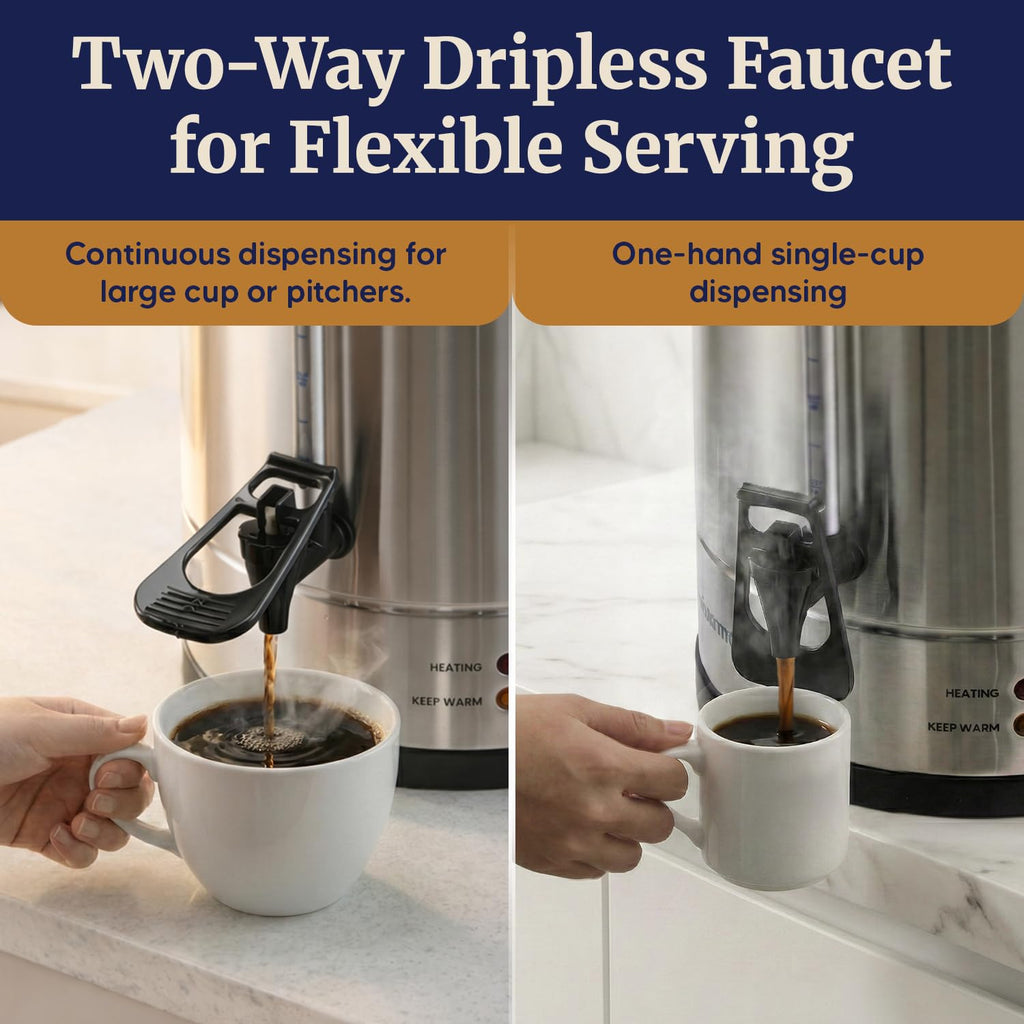 100 Cup Commercial Coffee Urn and Hot Water Boiler Dual Wall Large Capacity for Catering and Events