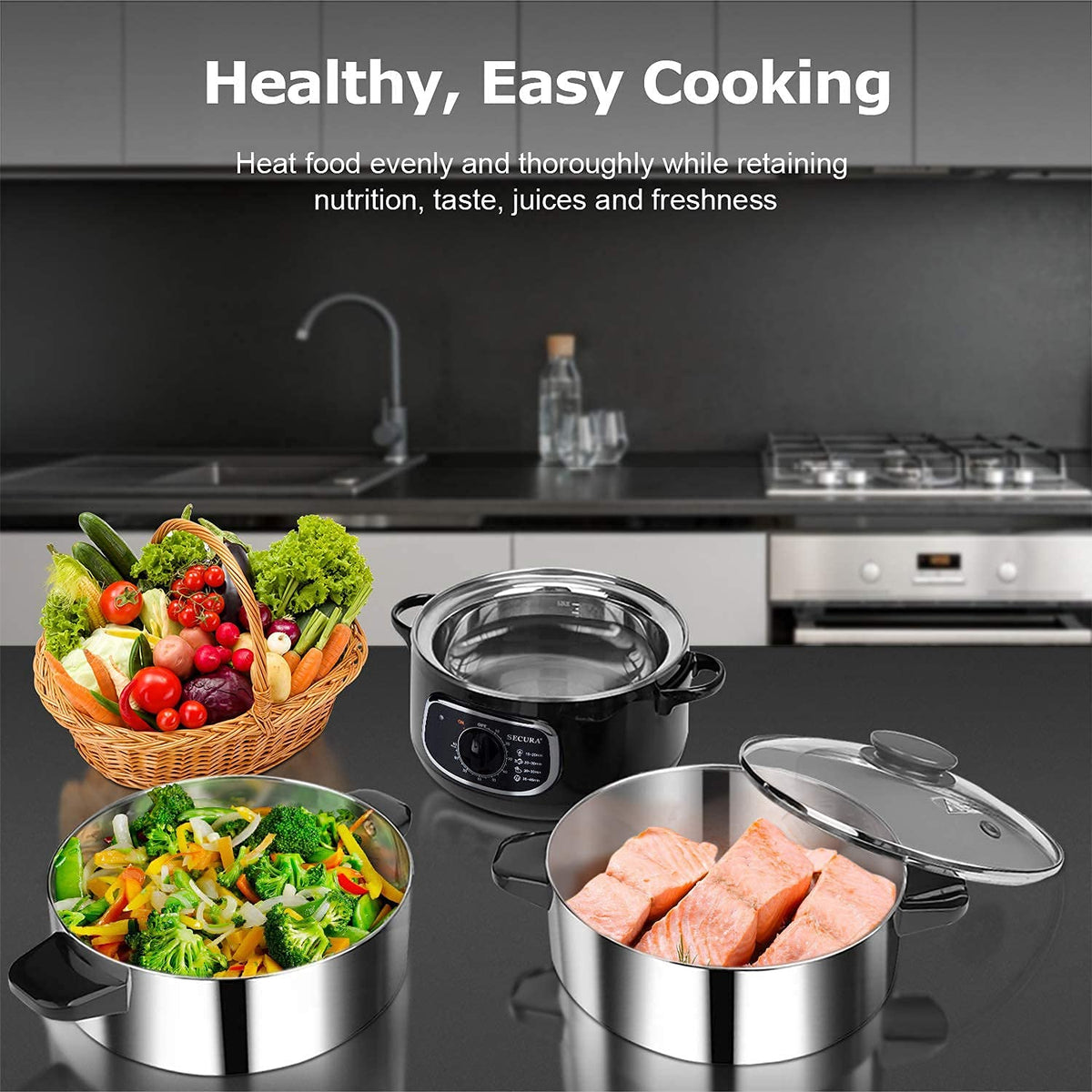 Stainless Steel Electric Food Steamer 8.5 Qt Glass Lid Double Tiered Stackable Baskets with Timer Model 2