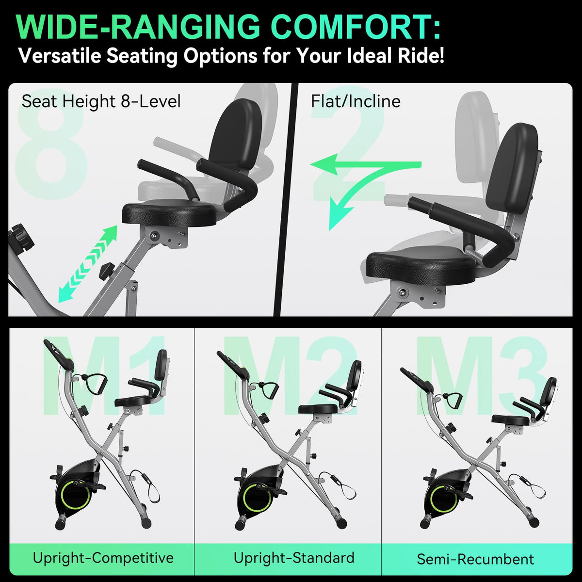 Foldable Exercise Bike 5 in 1 Workout Bike 16 Level Quiet Magnetic Resistance 6.6 lbs Flywheel 300 lb Capacity