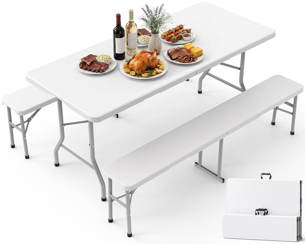 6FT Folding Table and 2 Chairs Set Sturdy Portable Picnic Table for Camping Garden BBQ White