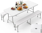 6FT Folding Table and 2 Chairs Set Sturdy Portable Picnic Table for Camping Garden BBQ White