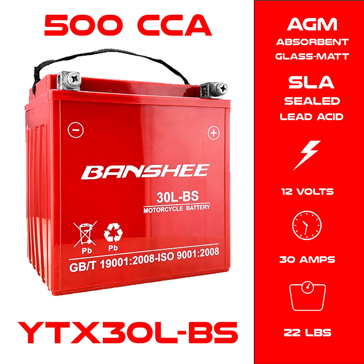 YTX30L-BS AGM Battery for Harley Touring 12V 30Ah 500 CCA Sealed Maintenance Free Powersports