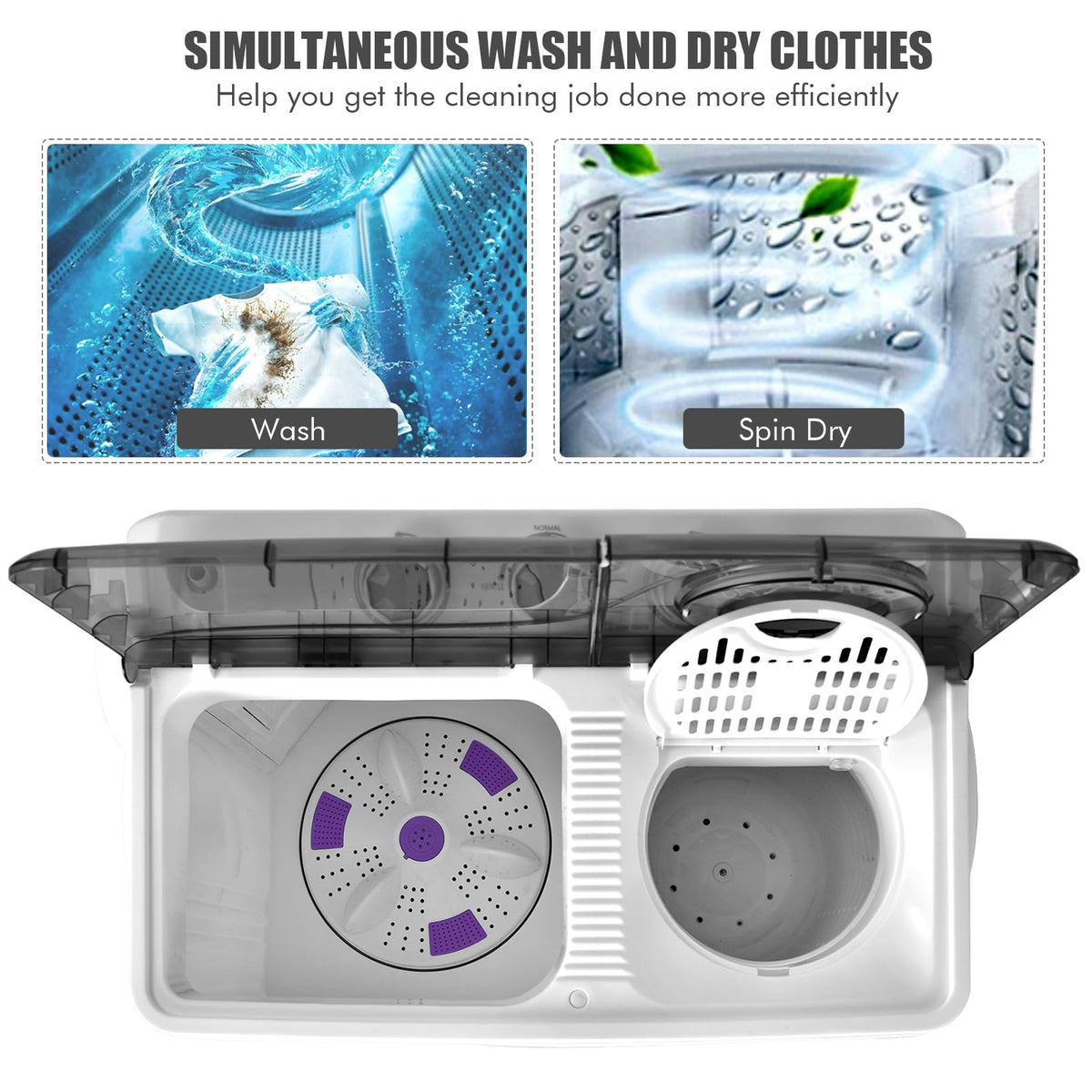 Portable Twin Tub Washing Machine 26lbs 18lbs Washer 8lbs Spinner Timer Knobs Drain Pump Compact Grey White