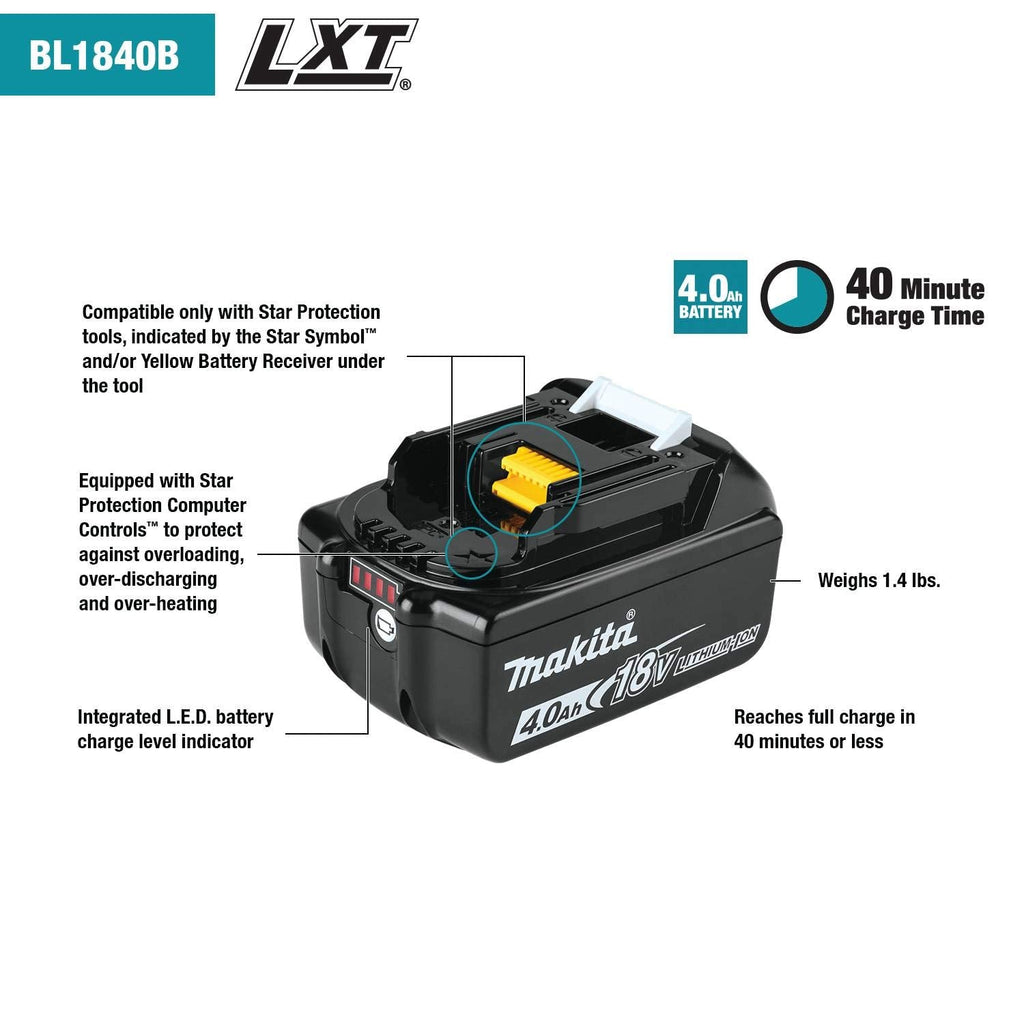 BL1840BDC2X 18V LXT Lithium Ion Battery and Rapid Optimum Charger Starter Pack 4.0Ah for Cordless Tools