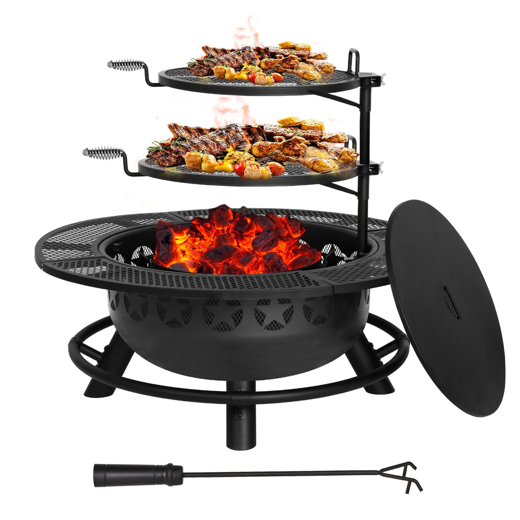 35 inch wood burning BBQ fire pit with 2 cooking grates charcoal pan cover lid round table for patio bonfire