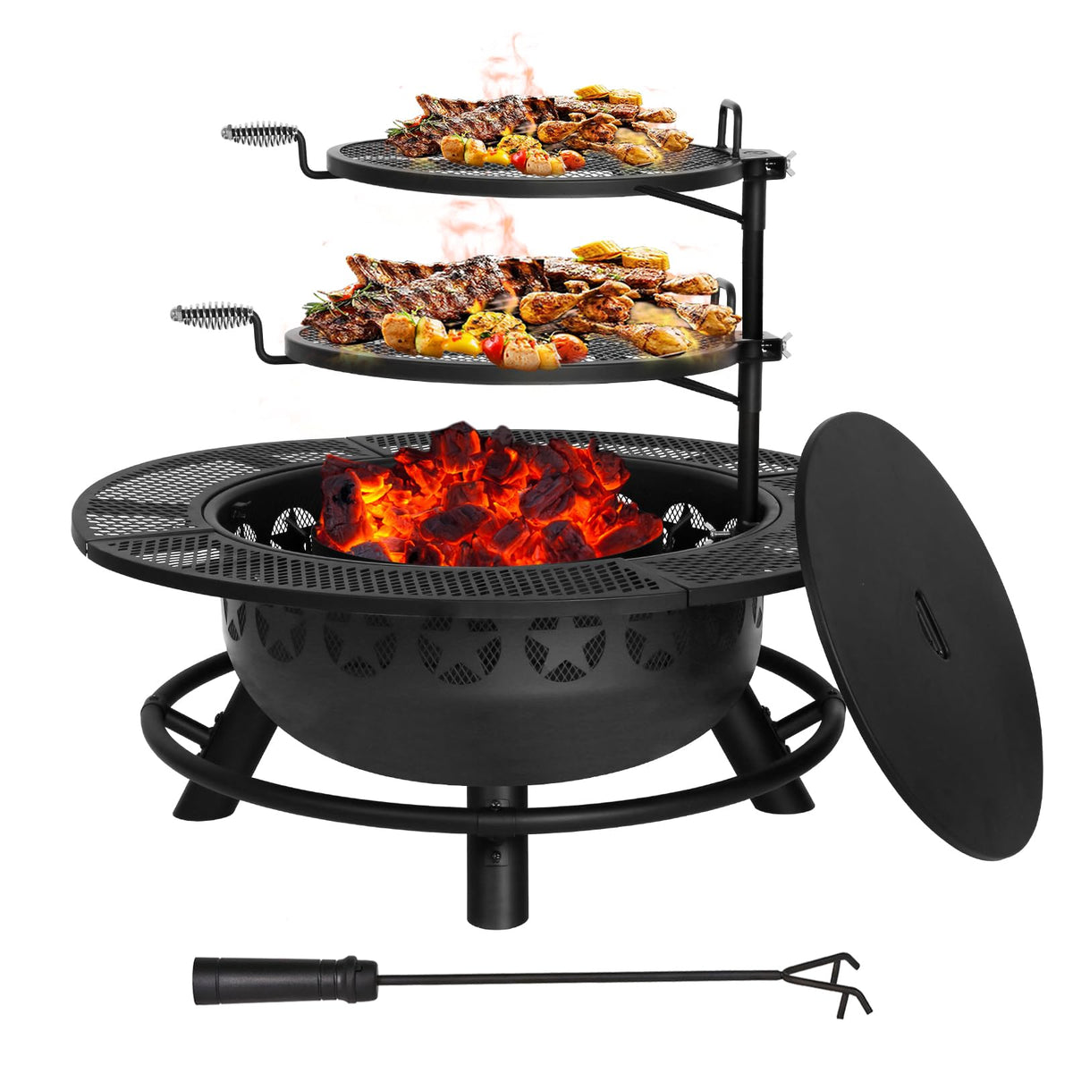 35 inch wood burning BBQ fire pit with 2 cooking grates charcoal pan cover lid round table for patio bonfire