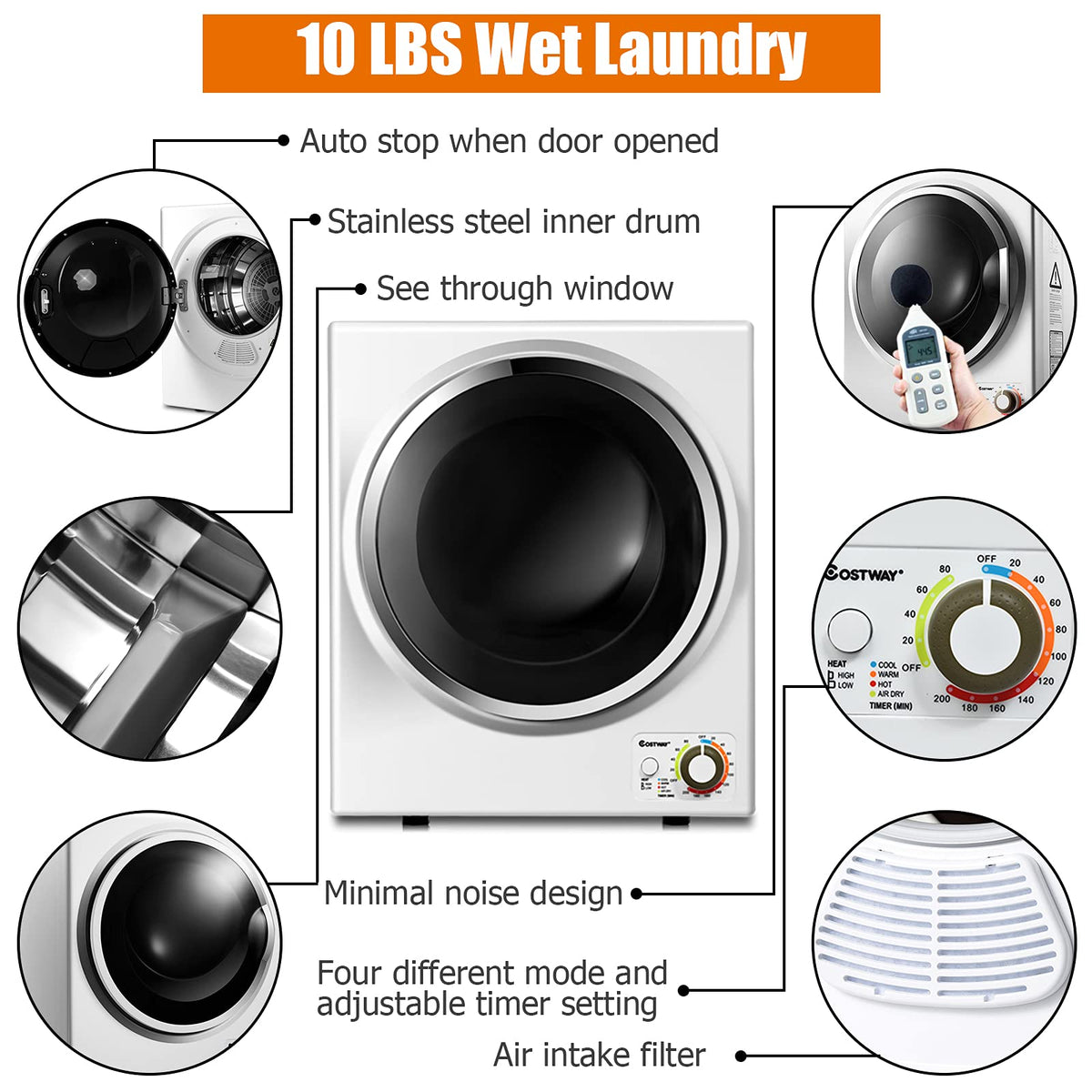 Small 1.5 Cu Ft Portable Clothes Dryer 850W Compact Laundry Dryer for Apartment RV Dorm White